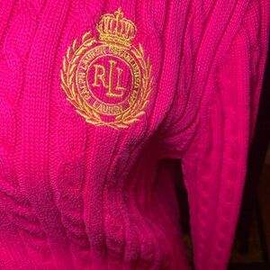 Vintage LRL gold heritage logo sweater cardigan XL pink 100% cotton Y2K preppy